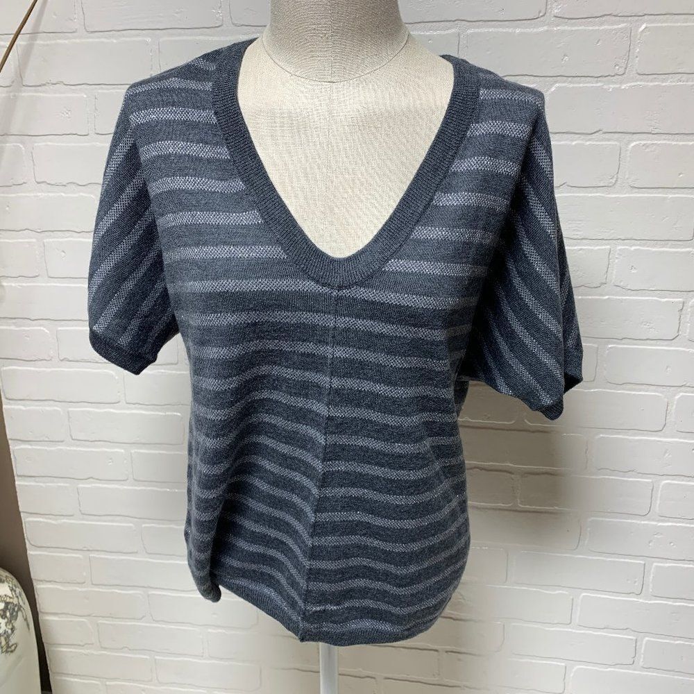 ANN TAYLOR Short Sleeve Two Tone Gray Metallic Striped Wool Blend Sweater Size S